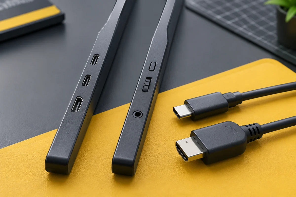 Крупный план портов USB-C и HDMI портативного монитора для проверки конфигурации
